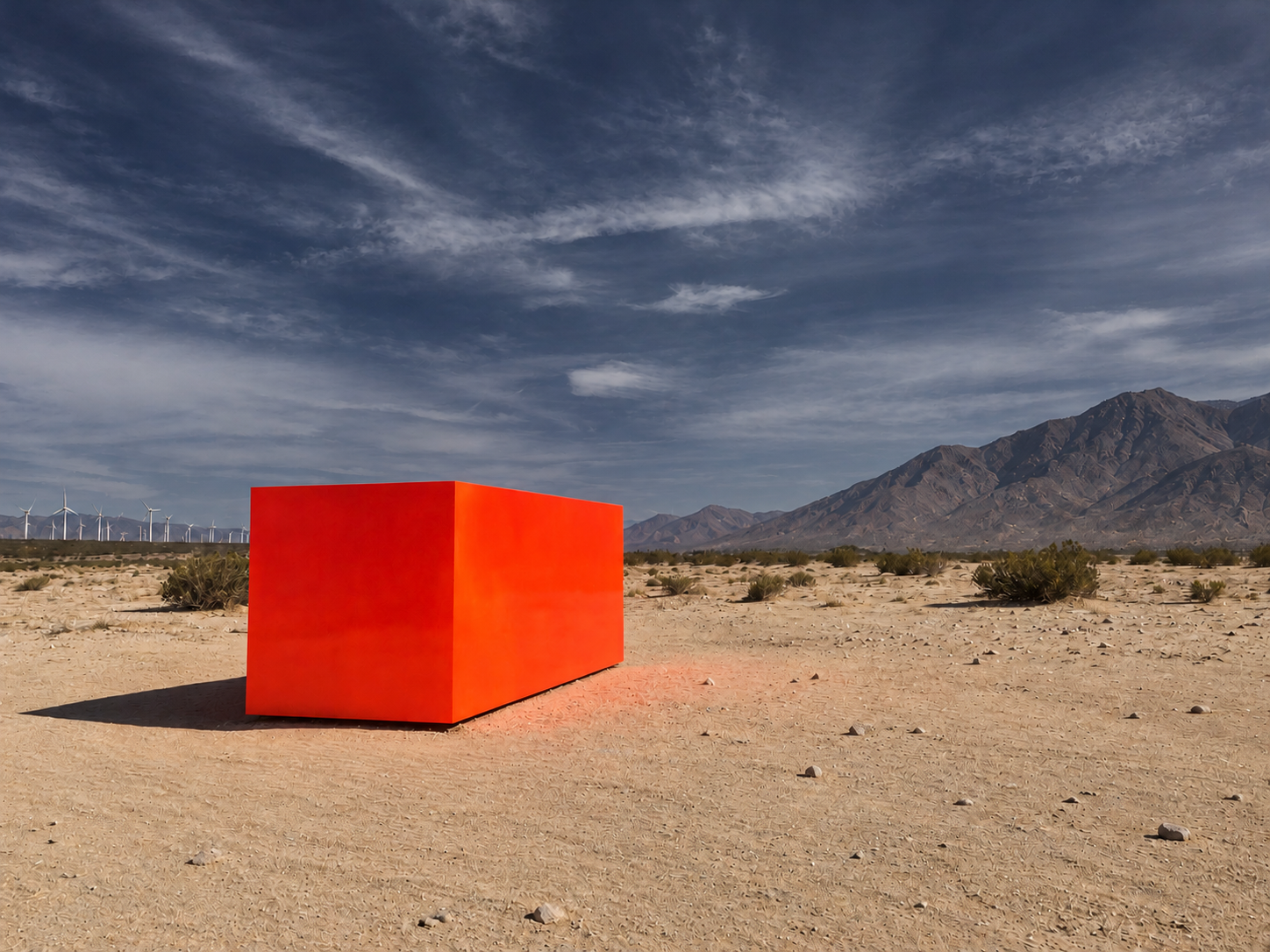 A large red cube sculpture in an open desert landscape